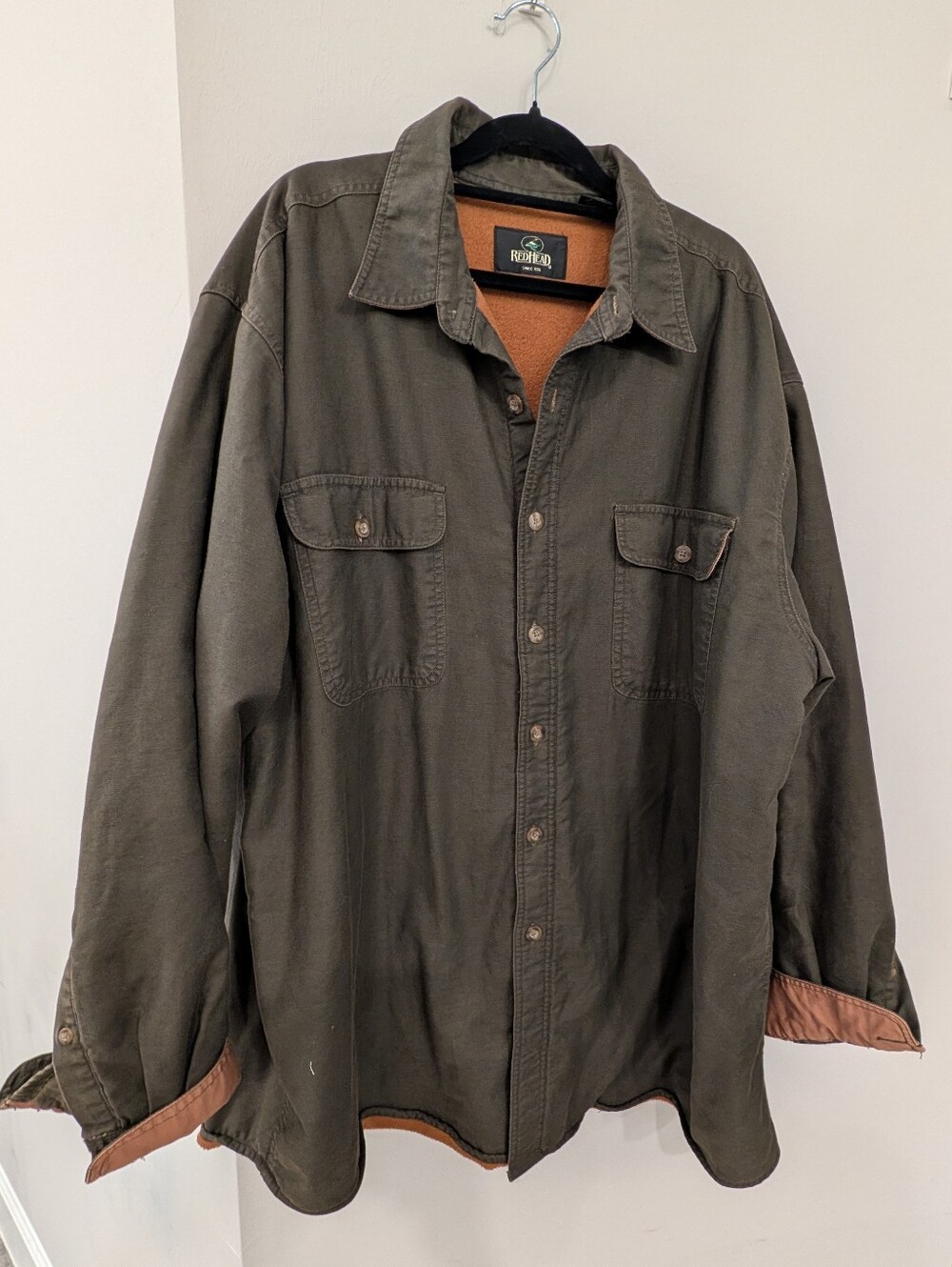 RedHead Olive Field Shirt-Jacket with Rust Fleece Lining & Trim Mens Size XL